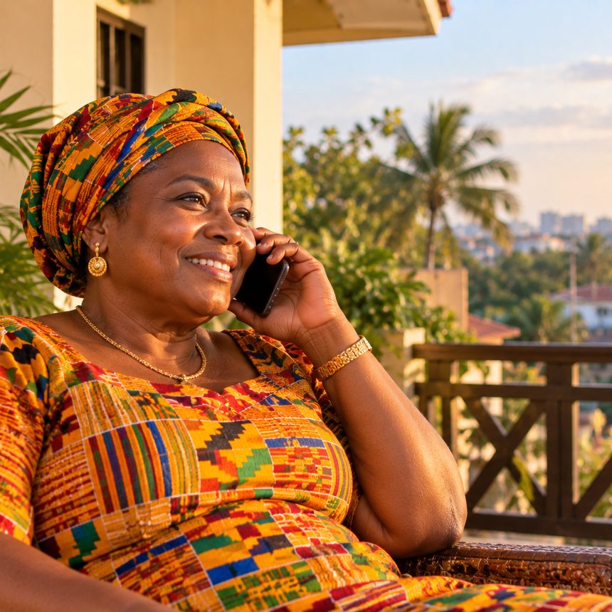A woman in Accra smiling as she answers her phone
