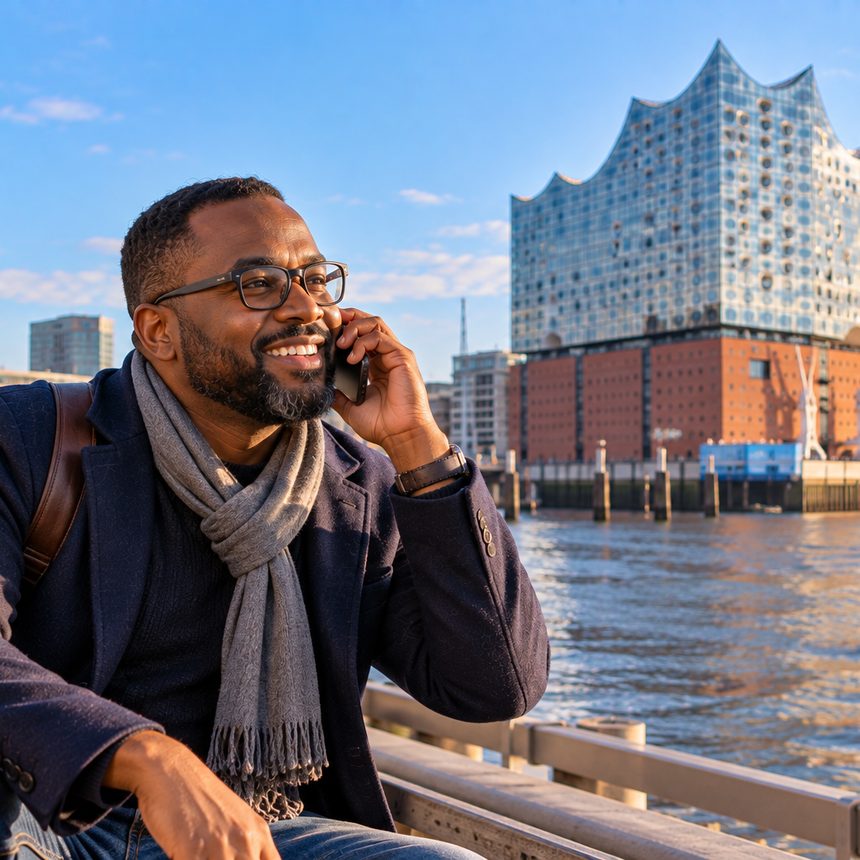 A caller in Germany smiling as they talk on the phone