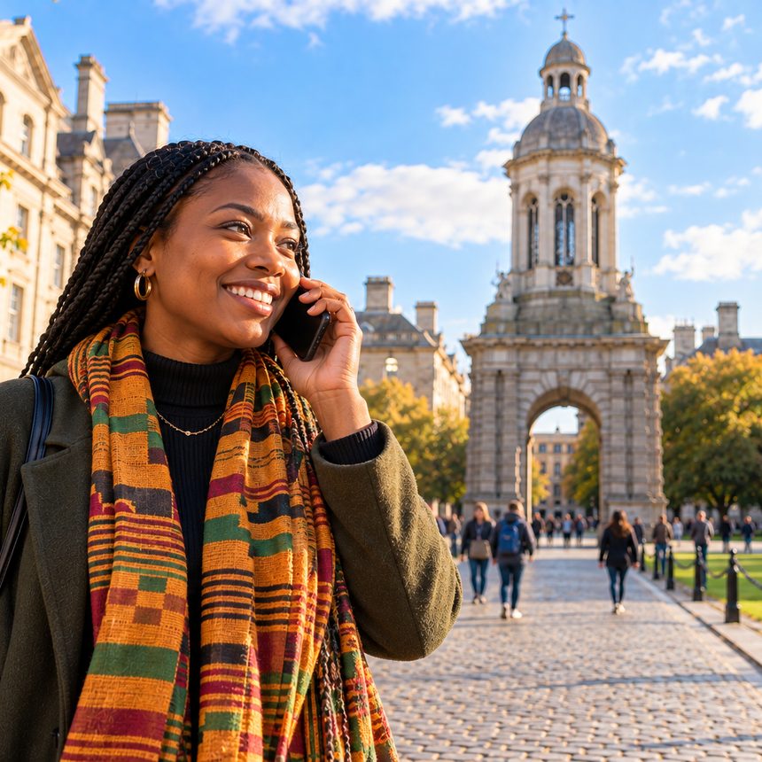 A caller in Ireland smiling as they talk on the phone