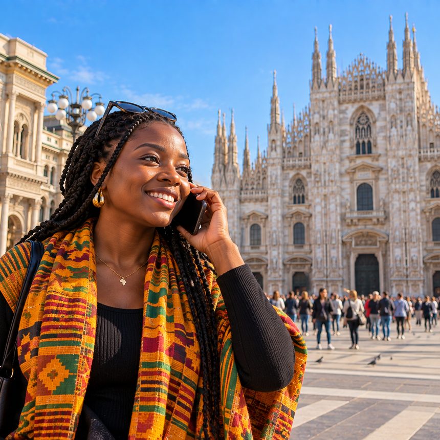 A caller in Italy smiling as they talk on the phone