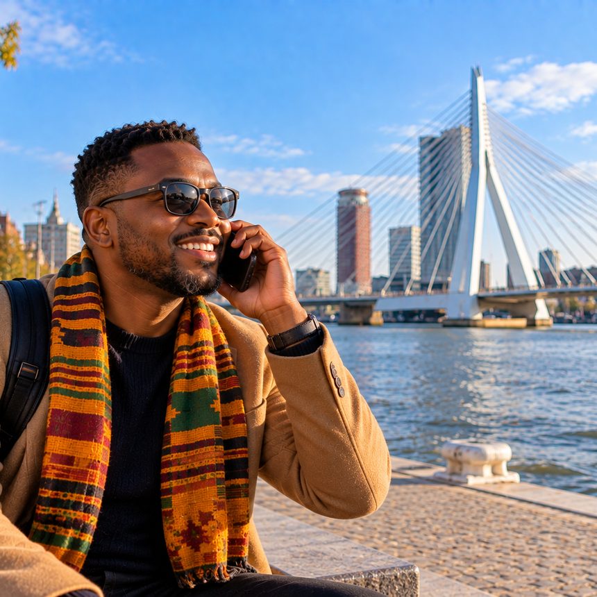 A caller in the Netherlands smiling as they talk on the phone